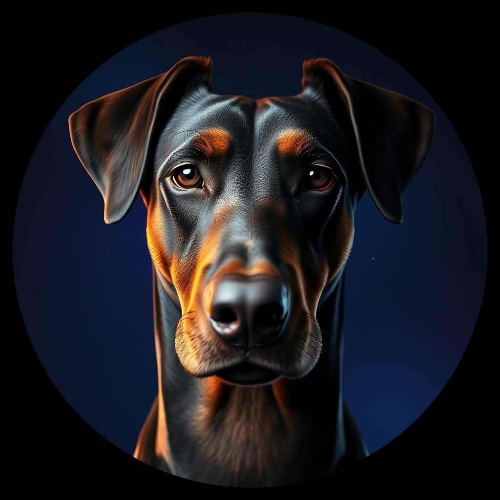 Cosmic medallion portrait of PFZ15A04_PFZ15A04, a Doberman Pinscher