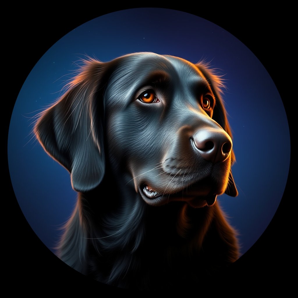 Cosmic medallion portrait of PFZ15B05_PFZ15B05, a Flat Coated Retriever