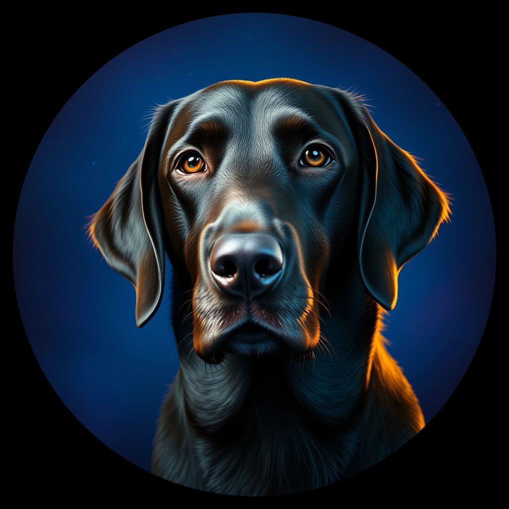 Cosmic medallion portrait of PFZ15E03_PFZ15E03, a Flat Coated Retriever