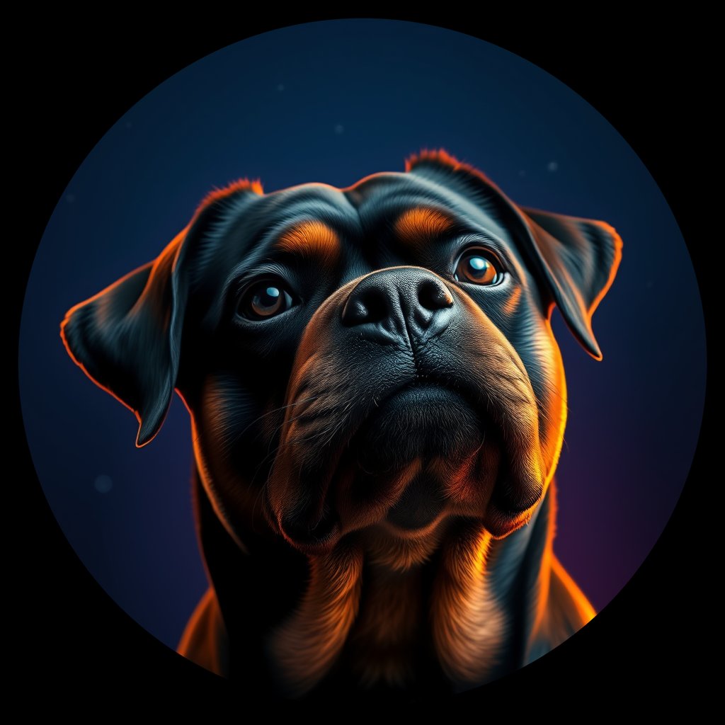 Cosmic medallion portrait of PFZ15E11_PFZ15E11, a Rottweiler