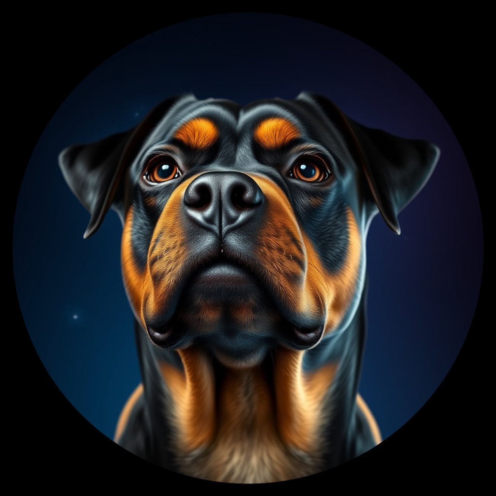 Cosmic medallion portrait of PFZ15H11_PFZ15H11, a Rottweiler