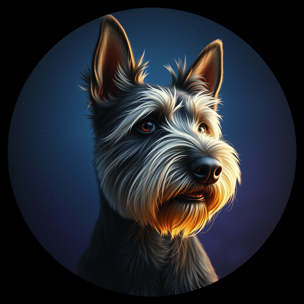 Cosmic medallion portrait of PFZ18C11_PFZ18C11, a Scottish Terrier