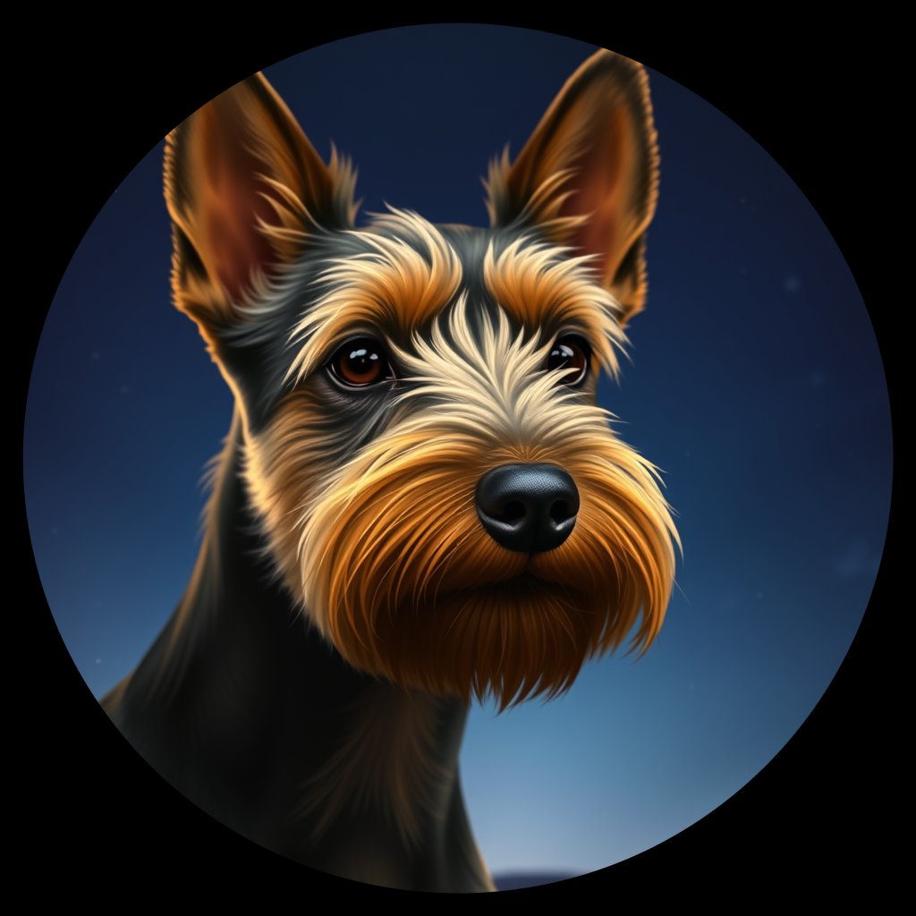 Cosmic medallion portrait of PFZ19C01_PFZ19C01, a Scottish Terrier