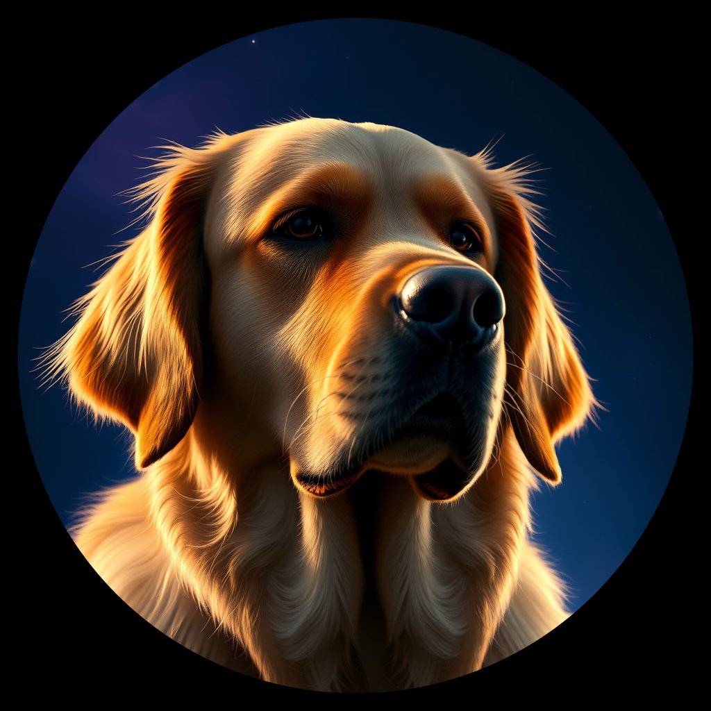 Cosmic medallion portrait of PFZ26B08_PFZ26B08, a Golden Retriever