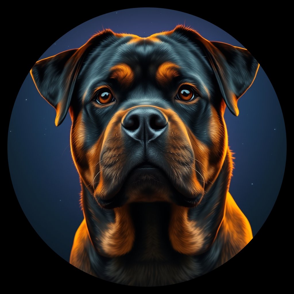 Cosmic medallion portrait of PFZ27C10_PFZ27C10, a Rottweiler