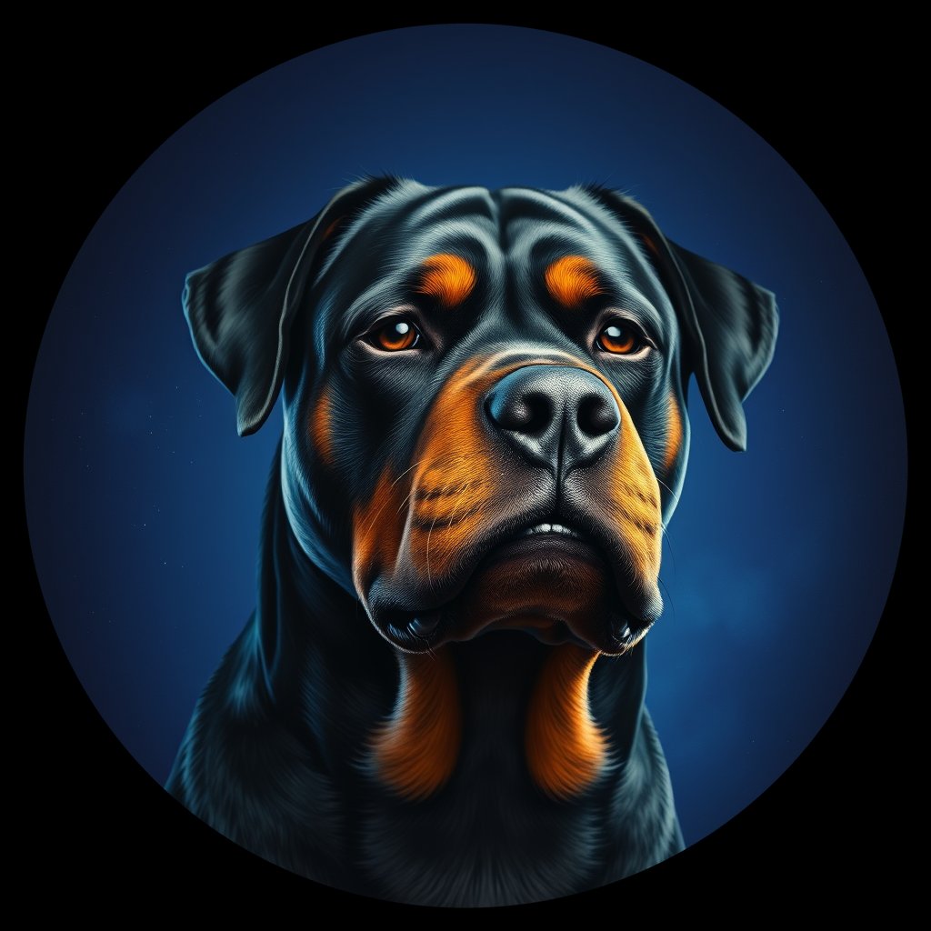Cosmic medallion portrait of PFZ27D01_PFZ27D01, a Rottweiler