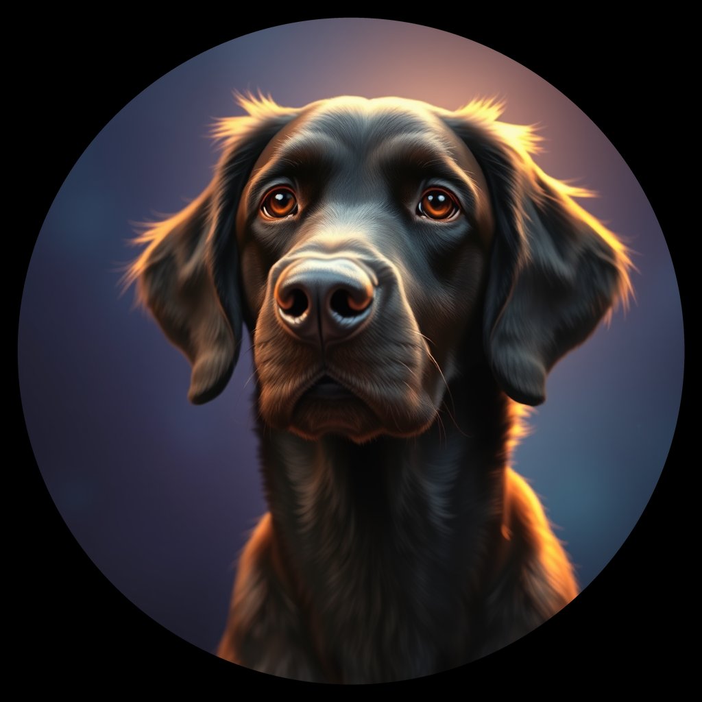 Cosmic medallion portrait of PFZ30E02_PFZ30E02, a Curly Coated Retriever