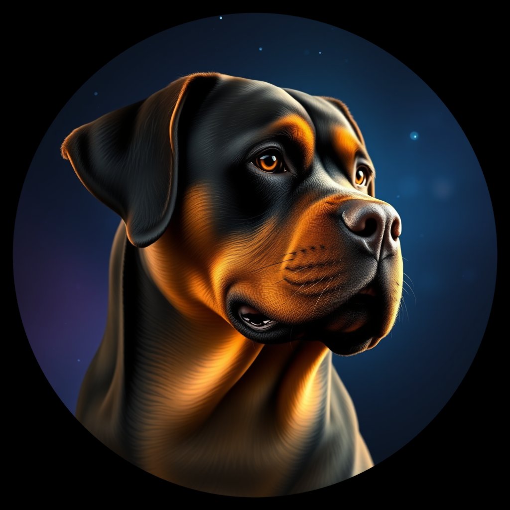 Cosmic medallion portrait of PFZ32A08_PFZ32A08, a Rottweiler