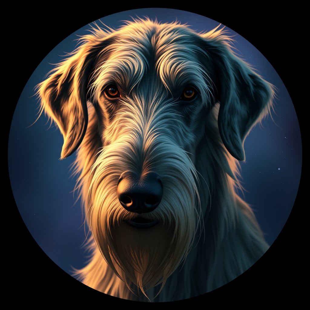 Cosmic medallion portrait of PFZ33E08_PFZ33E08, a Irish Wolfhound