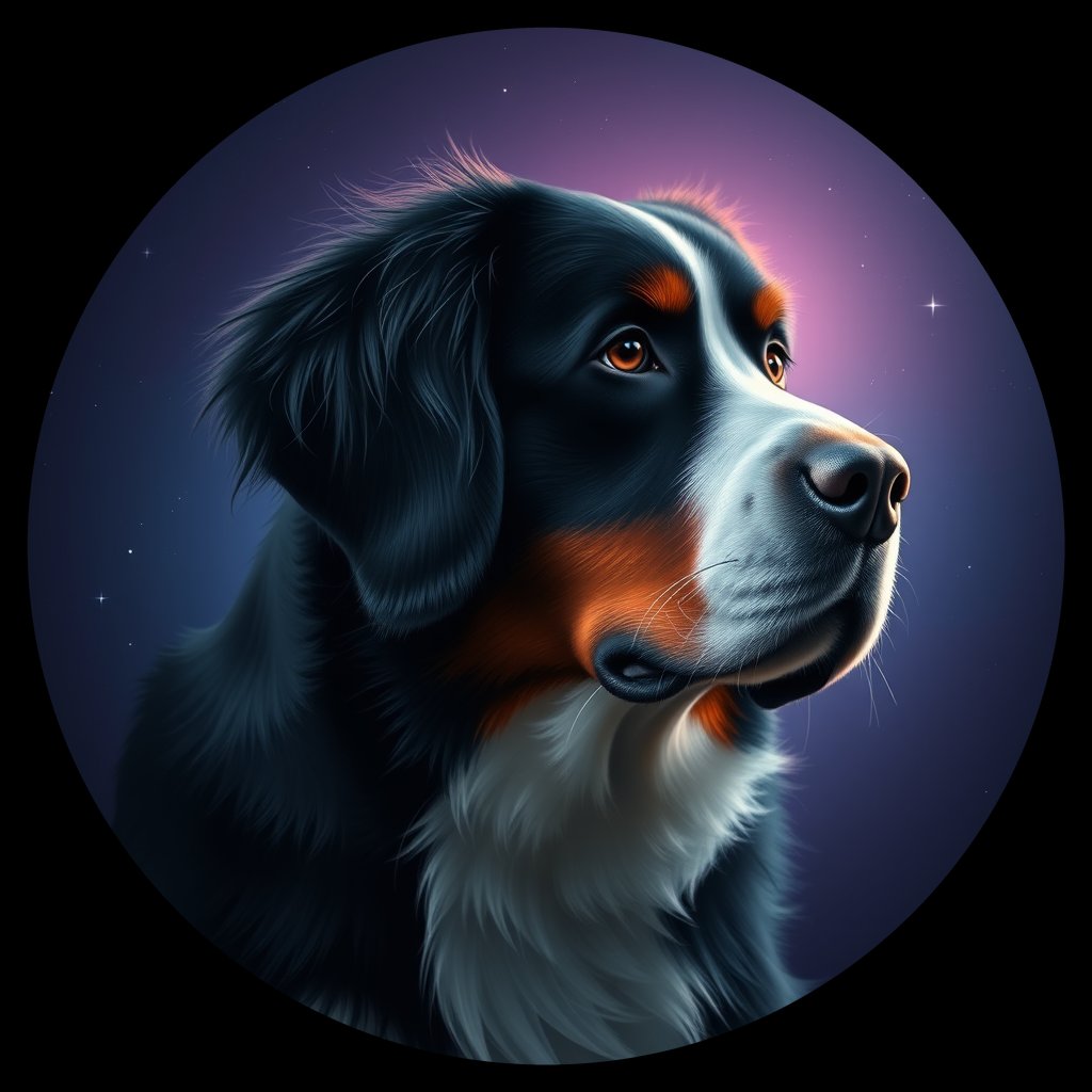 Cosmic medallion portrait of PFZ34B01_PFZ34B01, a Bernese Mountain Dog