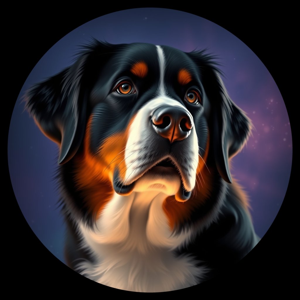 Cosmic medallion portrait of PFZ34C01_PFZ34C01, a Bernese Mountain Dog