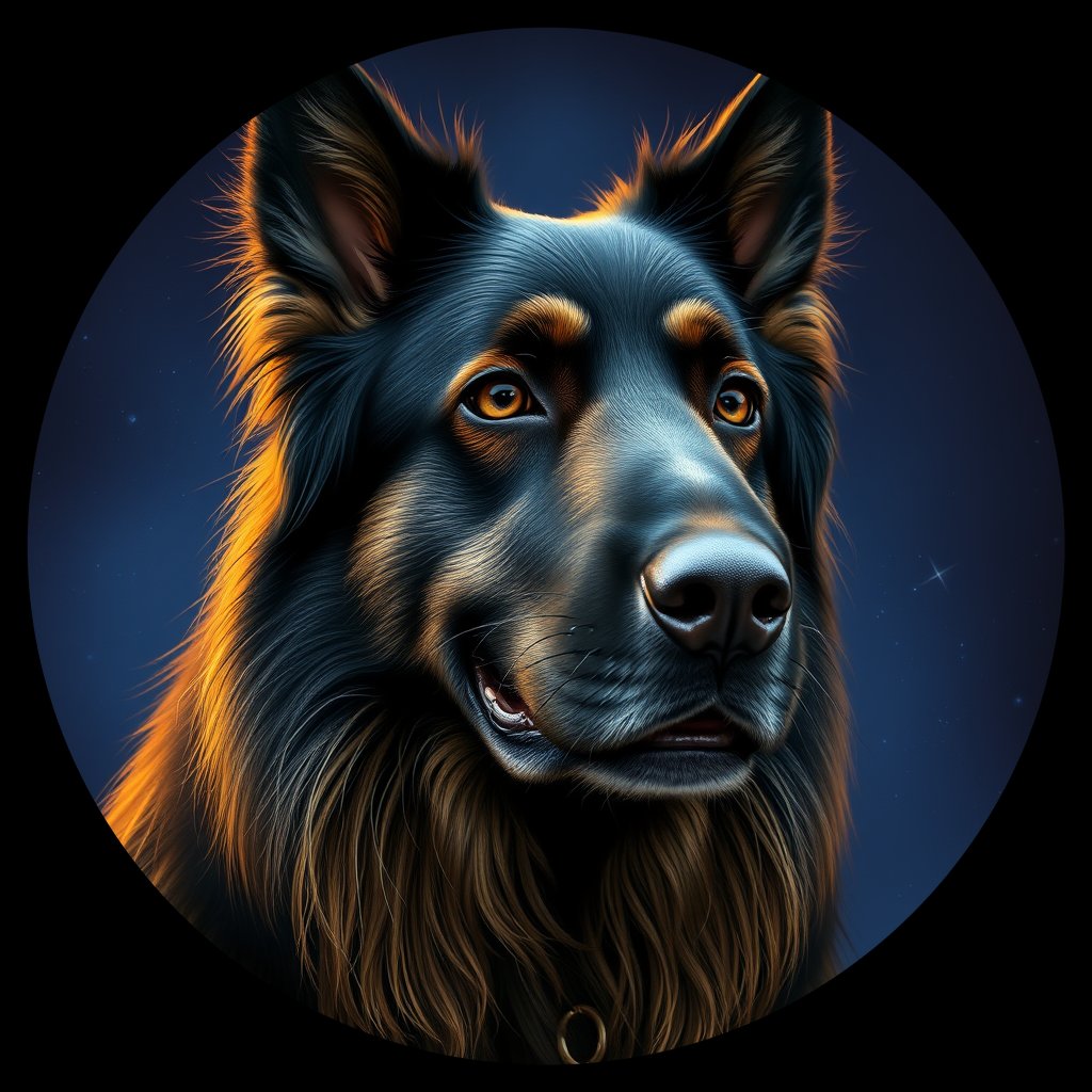 Cosmic medallion portrait of PFZ34G12_PFZ34G12, a Belgian Tervuren