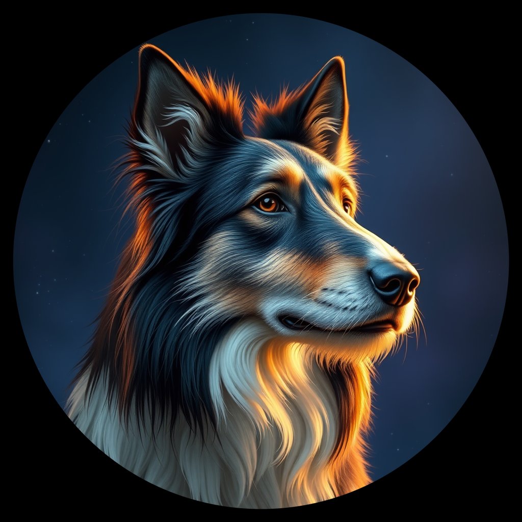 Cosmic medallion portrait of PFZ35E05_PFZ35E05, a Bearded Collie