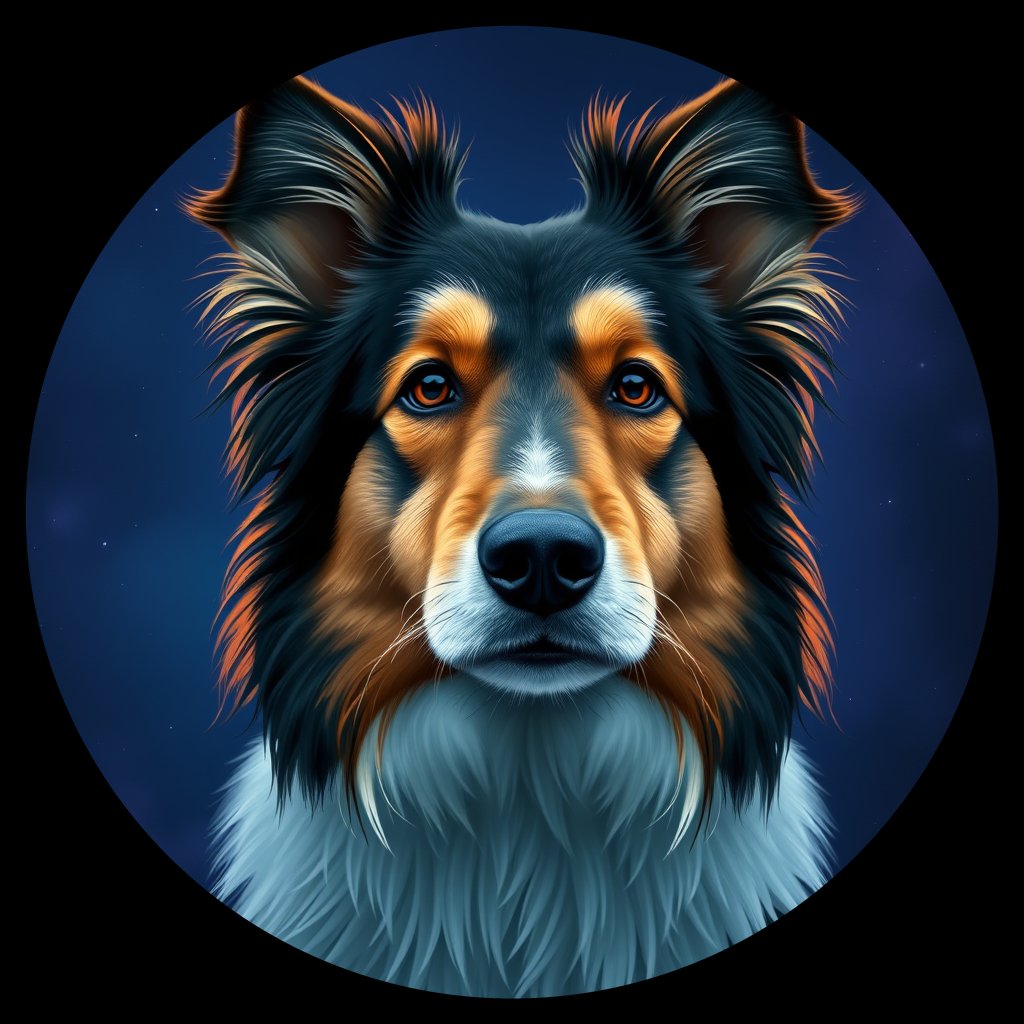 Cosmic medallion portrait of PFZ36E07_PFZ36E07, a Shetland Sheepdog