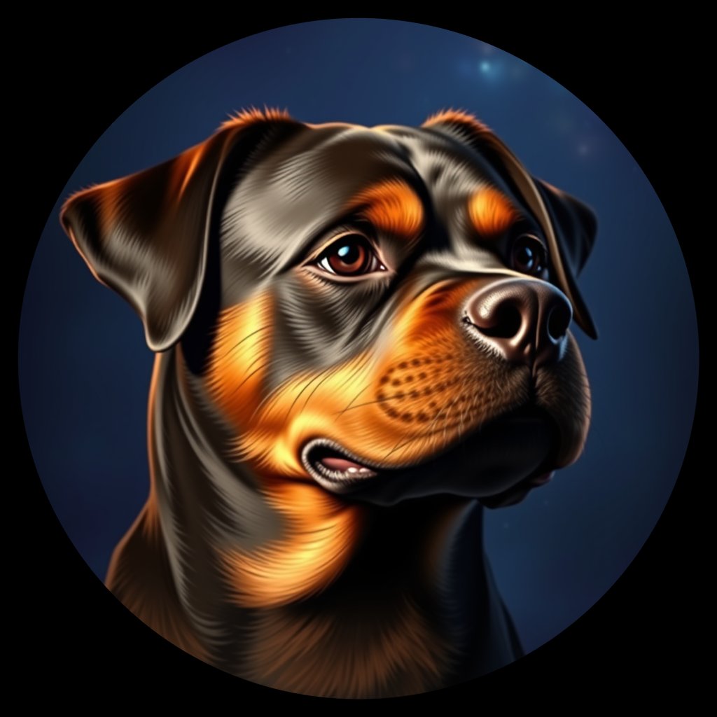Cosmic medallion portrait of PFZ37B11_PFZ37B11, a Rottweiler