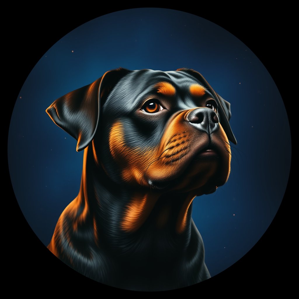Cosmic medallion portrait of PFZ37C12_PFZ37C12, a Rottweiler