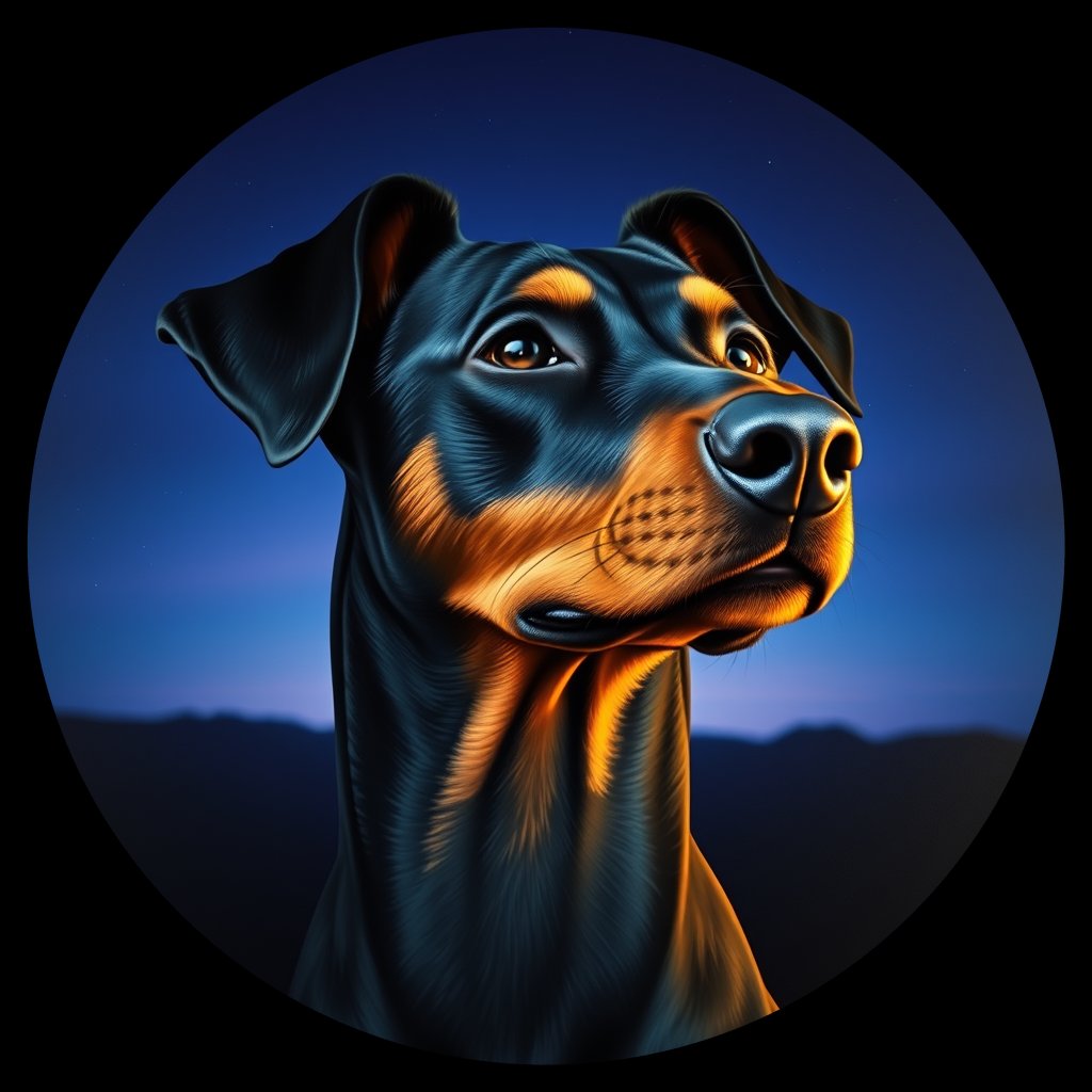 Cosmic medallion portrait of PFZ38D07_PFZ38D07, a Doberman Pinscher