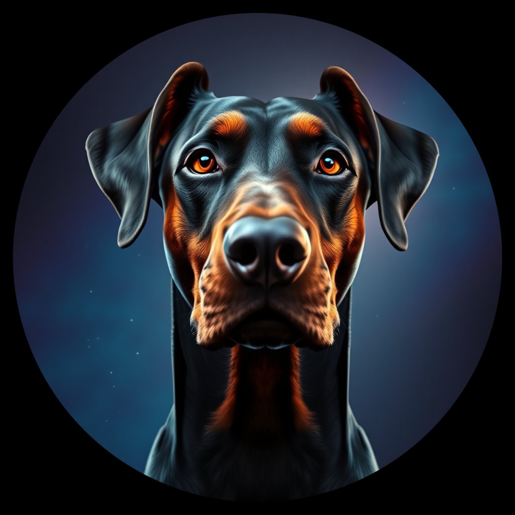 Cosmic medallion portrait of PFZ38E07_PFZ38E07, a Doberman Pinscher