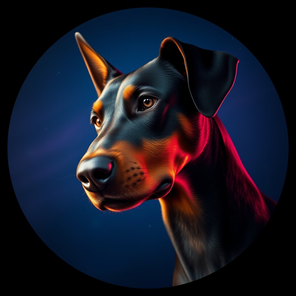 Cosmic medallion portrait of PFZ38E08_PFZ38E08, a Doberman Pinscher