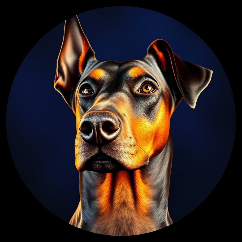 Cosmic medallion portrait of PFZ38H08_PFZ38H08, a Doberman Pinscher