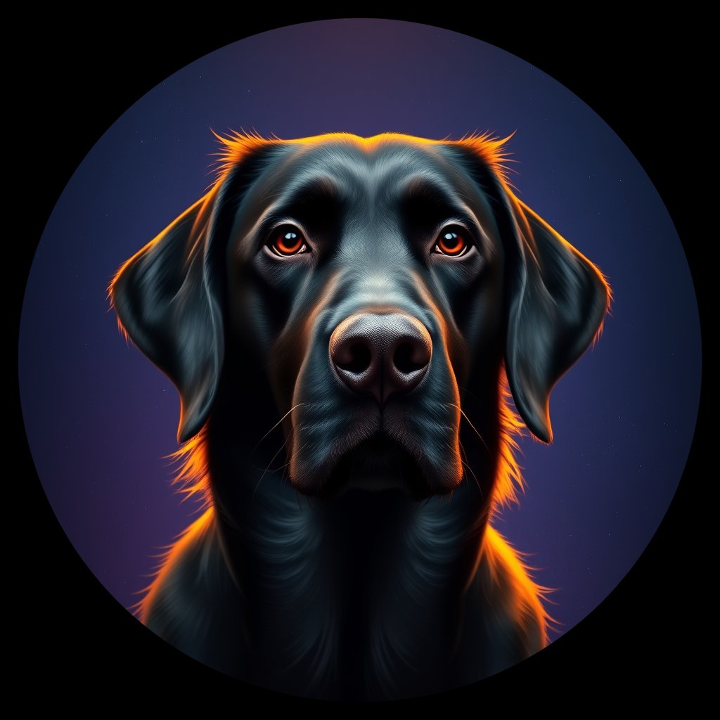Cosmic medallion portrait of PFZ42B06_PFZ42B06, a Flat Coated Retriever