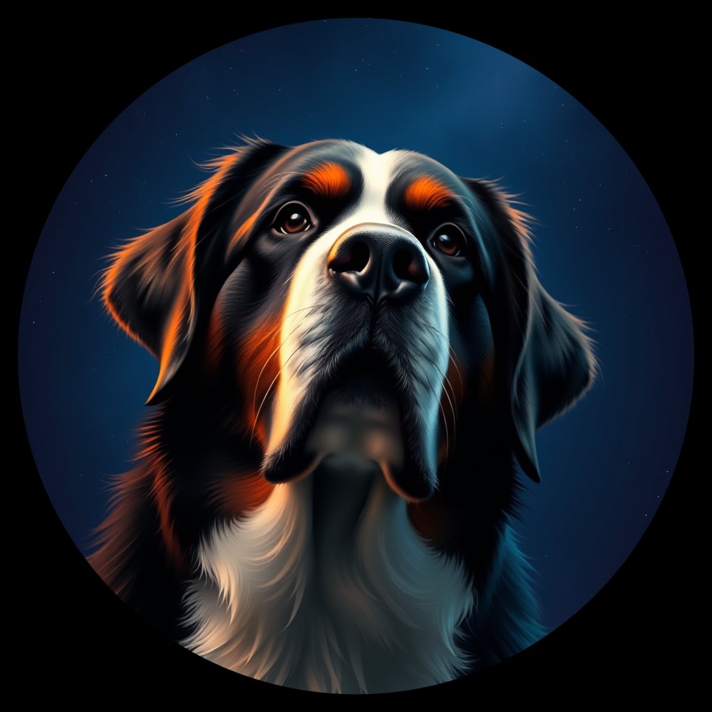 Cosmic medallion portrait of PFZ42E03_PFZ42E03, a Bernese Mountain Dog