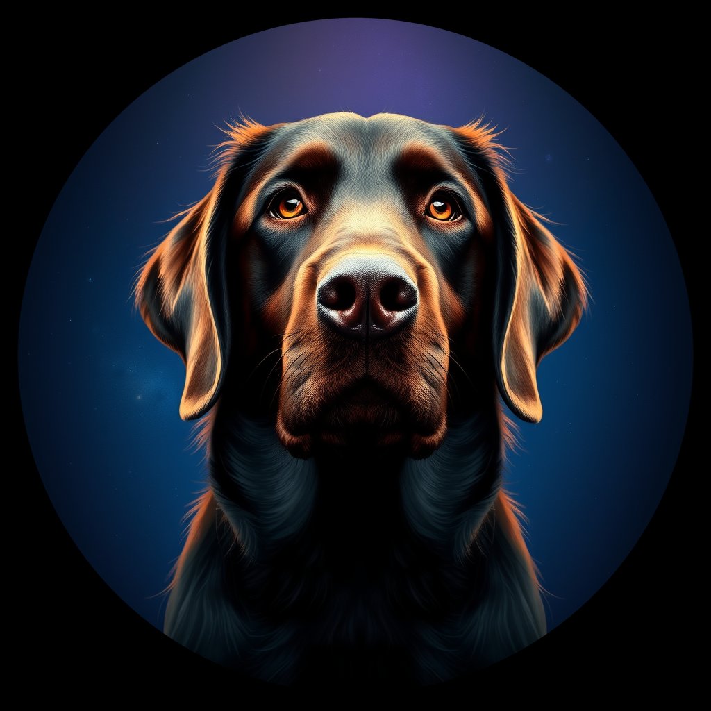Cosmic medallion portrait of PFZ42E05_PFZ42E05, a Flat Coated Retriever