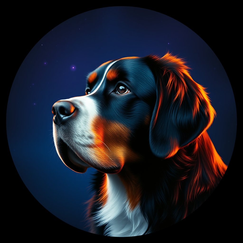 Cosmic medallion portrait of PFZ42F03_PFZ42F03, a Bernese Mountain Dog