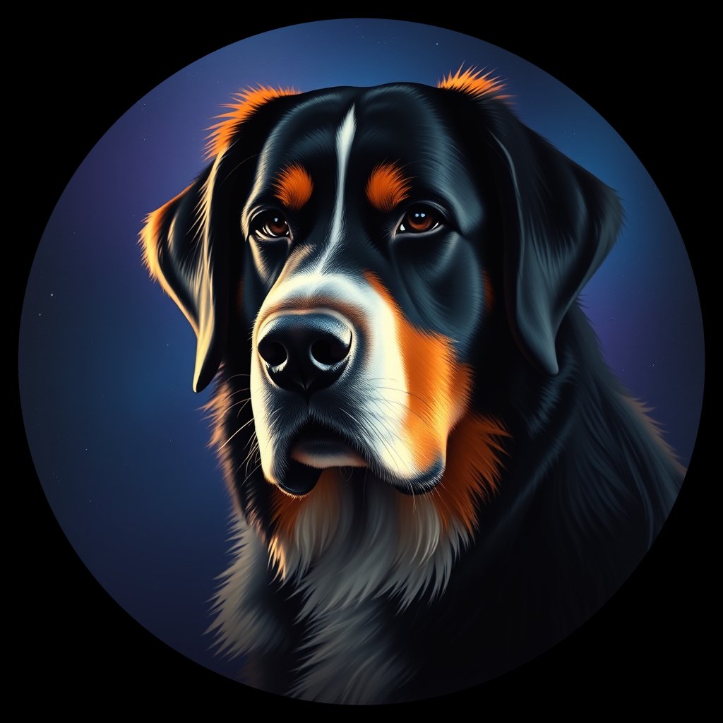 Cosmic medallion portrait of PFZ42H02_PFZ42H02, a Bernese Mountain Dog