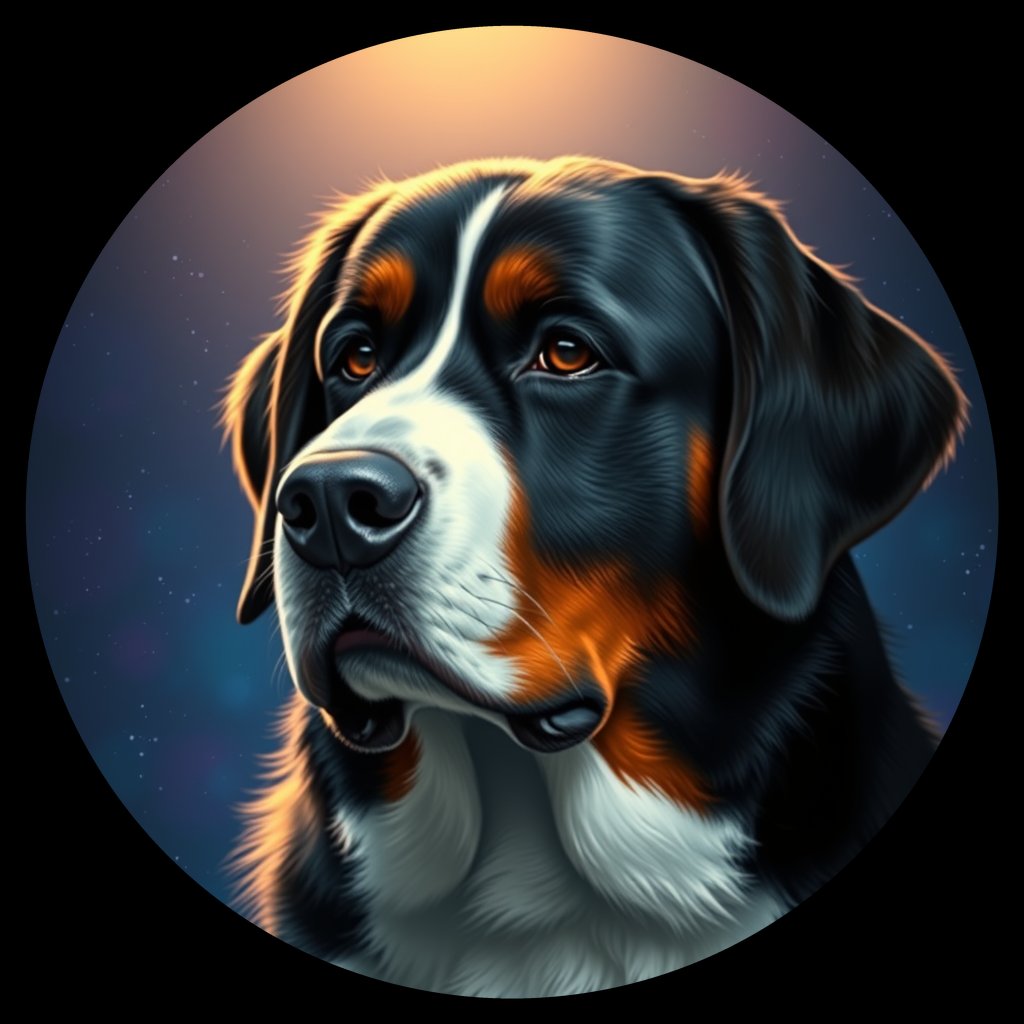 Cosmic medallion portrait of PFZ43H04_PFZ43H04, a Bernese Mountain Dog