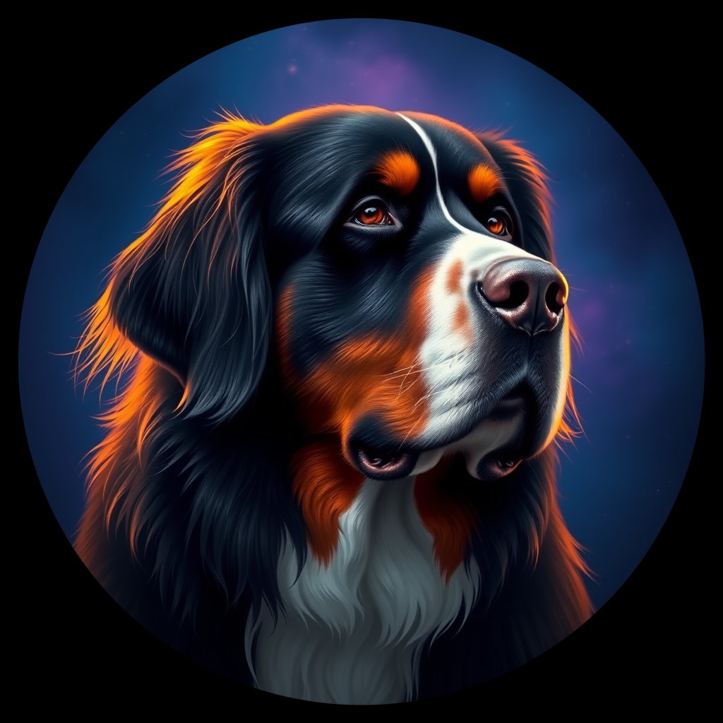 Cosmic medallion portrait of PFZ44E03_PFZ44E03, a Bernese Mountain Dog