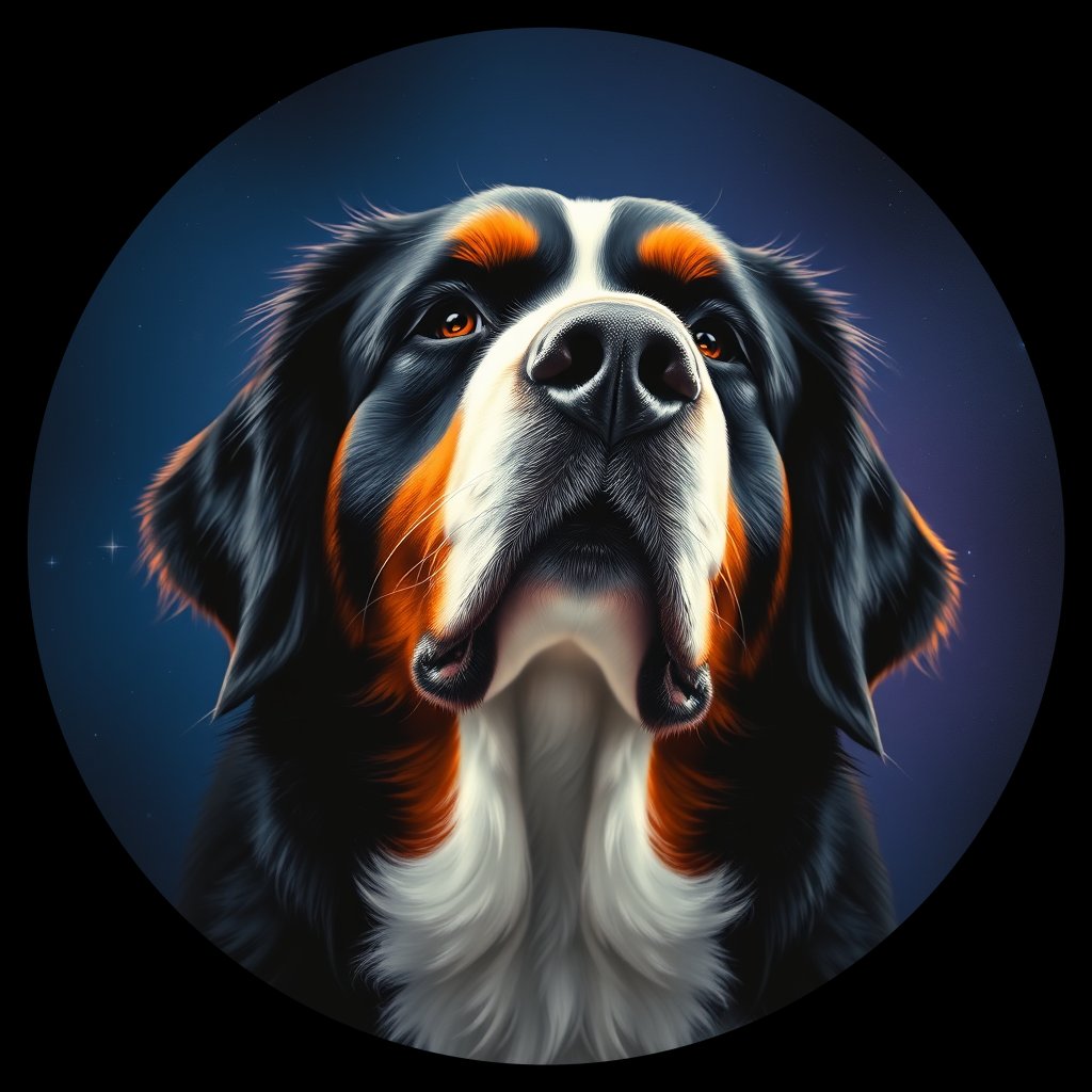 Cosmic medallion portrait of PFZ44G04_PFZ44G04, a Bernese Mountain Dog