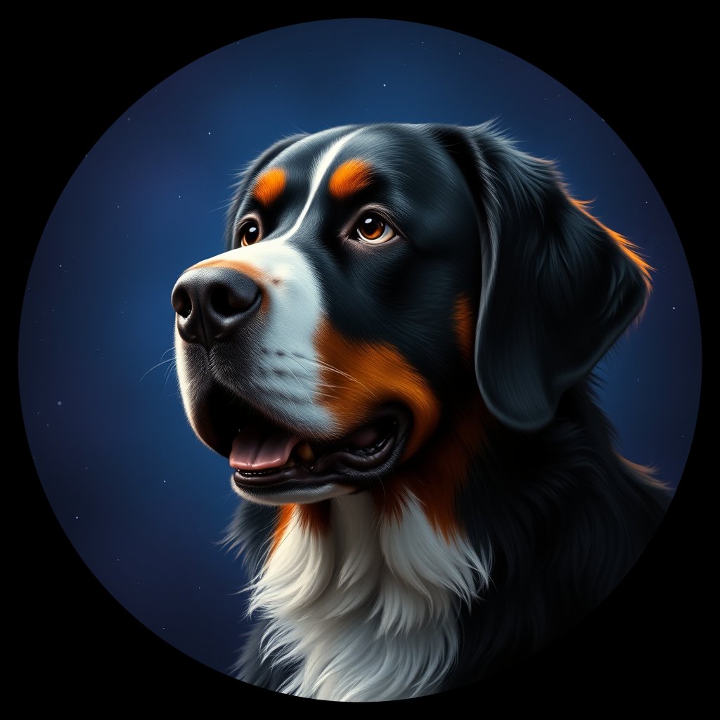 Cosmic medallion portrait of PFZ6A11_PFZ6A11, a Bernese Mountain Dog