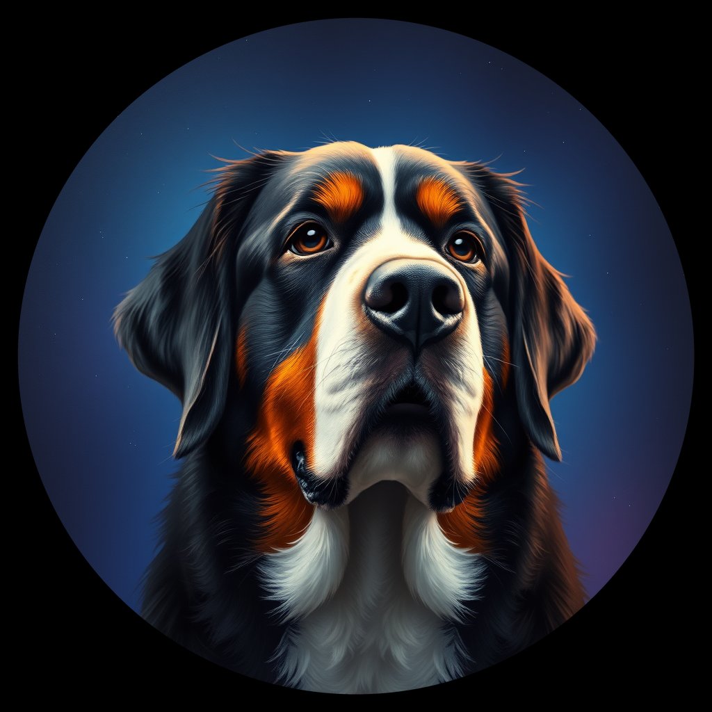 Cosmic medallion portrait of PFZ6F06_PFZ6F06, a Bernese Mountain Dog