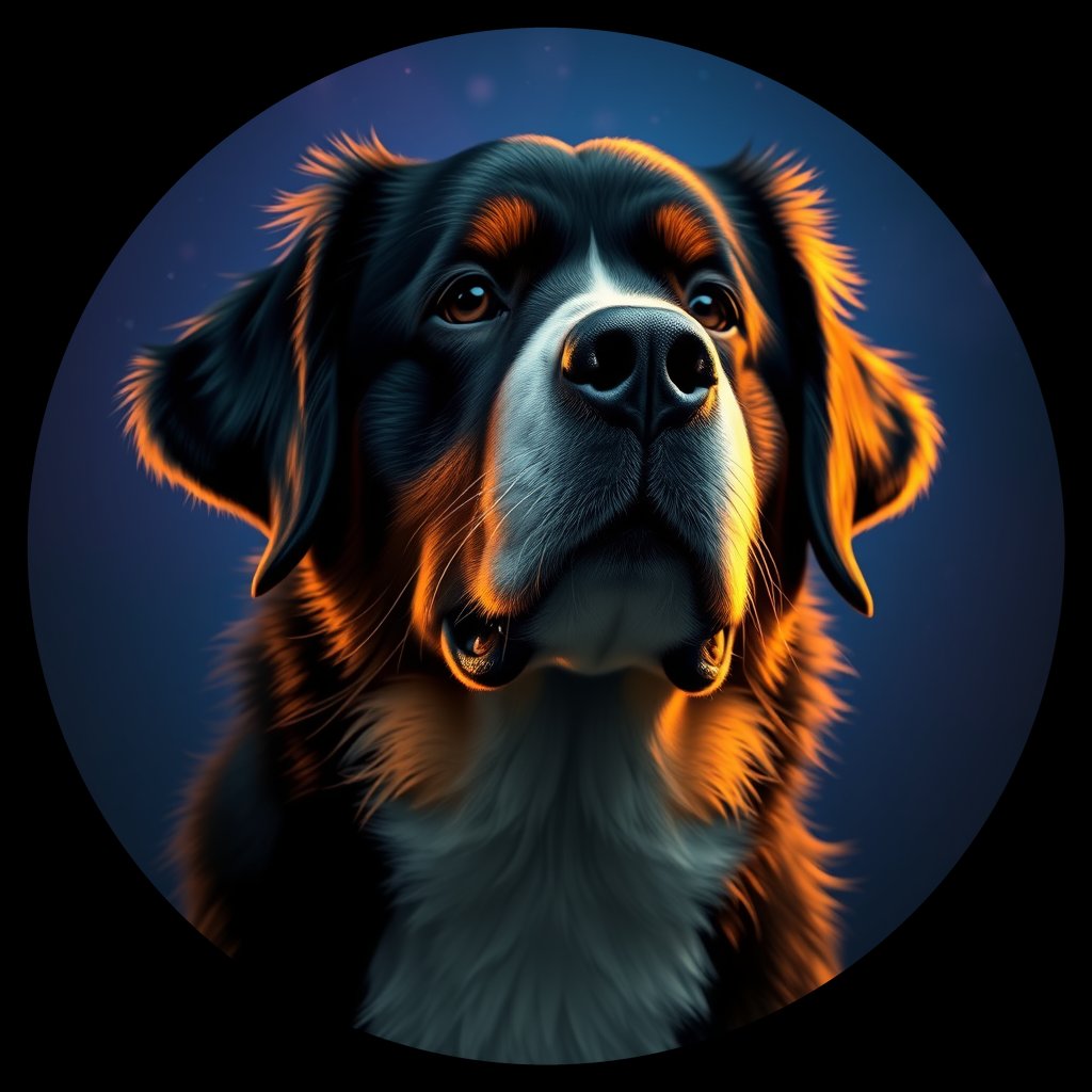 Cosmic medallion portrait of PFZ6G06_PFZ6G06, a Bernese Mountain Dog