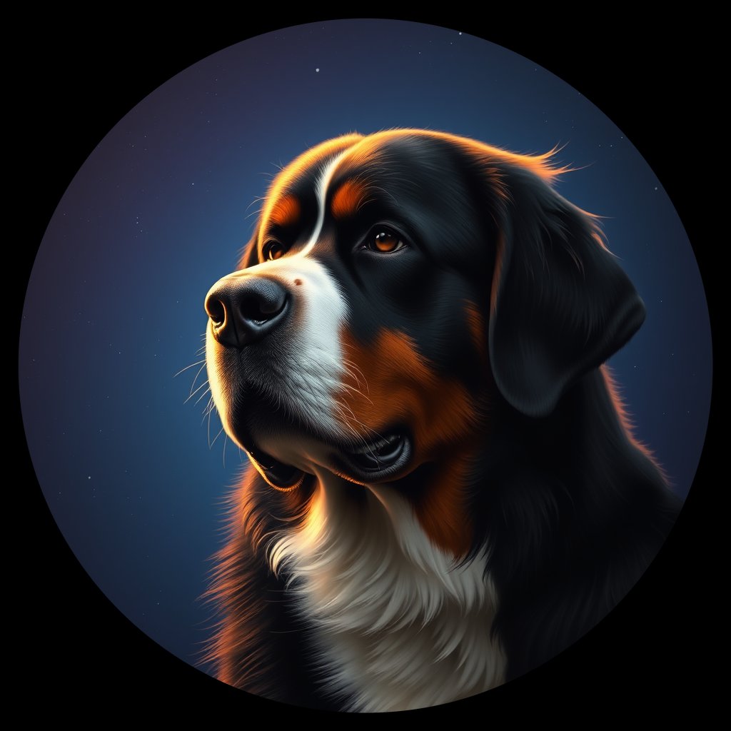 Cosmic medallion portrait of PFZ7H11_PFZ7H11, a Bernese Mountain Dog