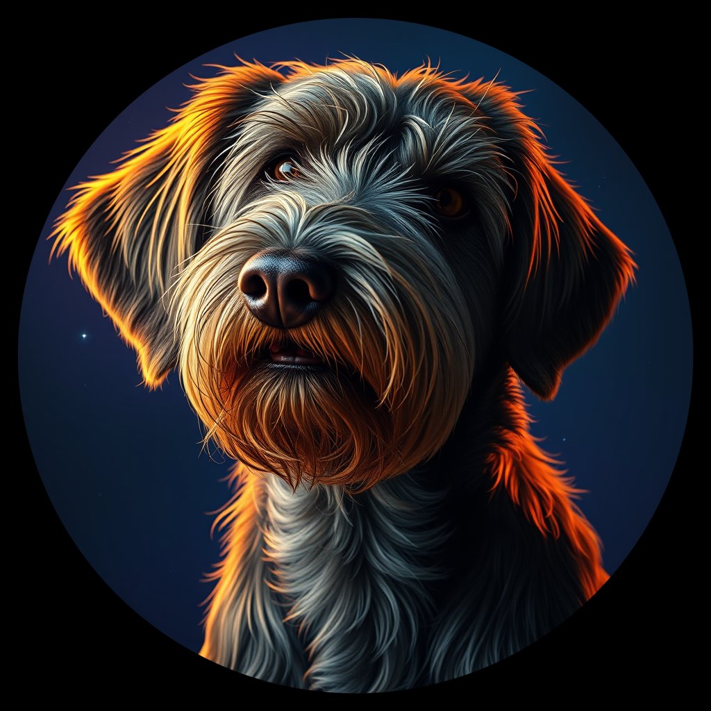 Cosmic medallion portrait of PFZ9D12_PFZ9D12, a Wirehaired Pointing Griffon