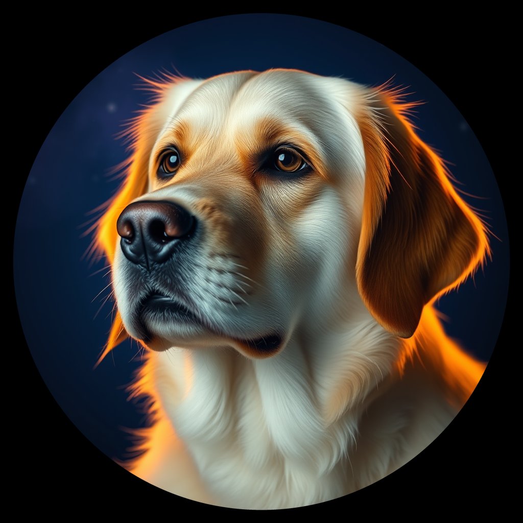 Cosmic medallion portrait of PILOT_grls02VDCV99, a Golden Retriever