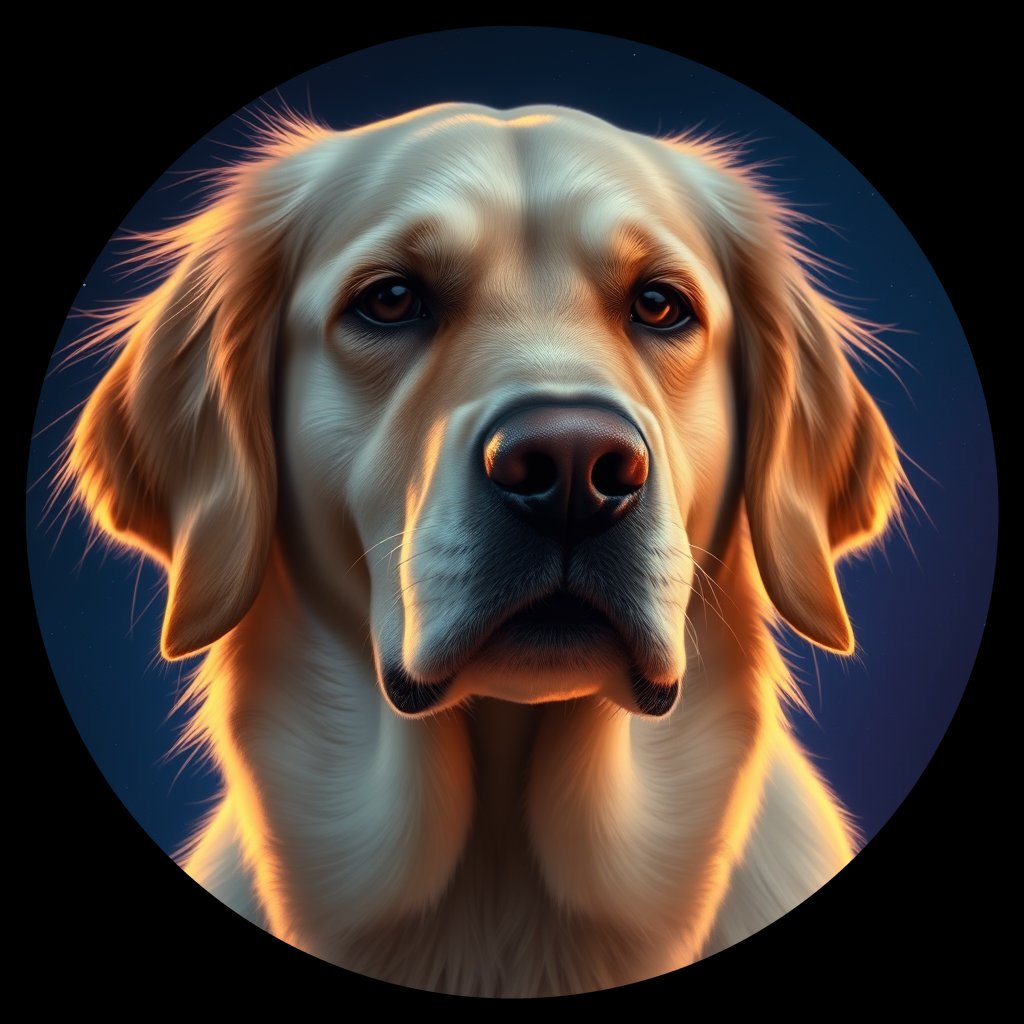 Cosmic medallion portrait of PILOT_grls0762M2FF, a Golden Retriever