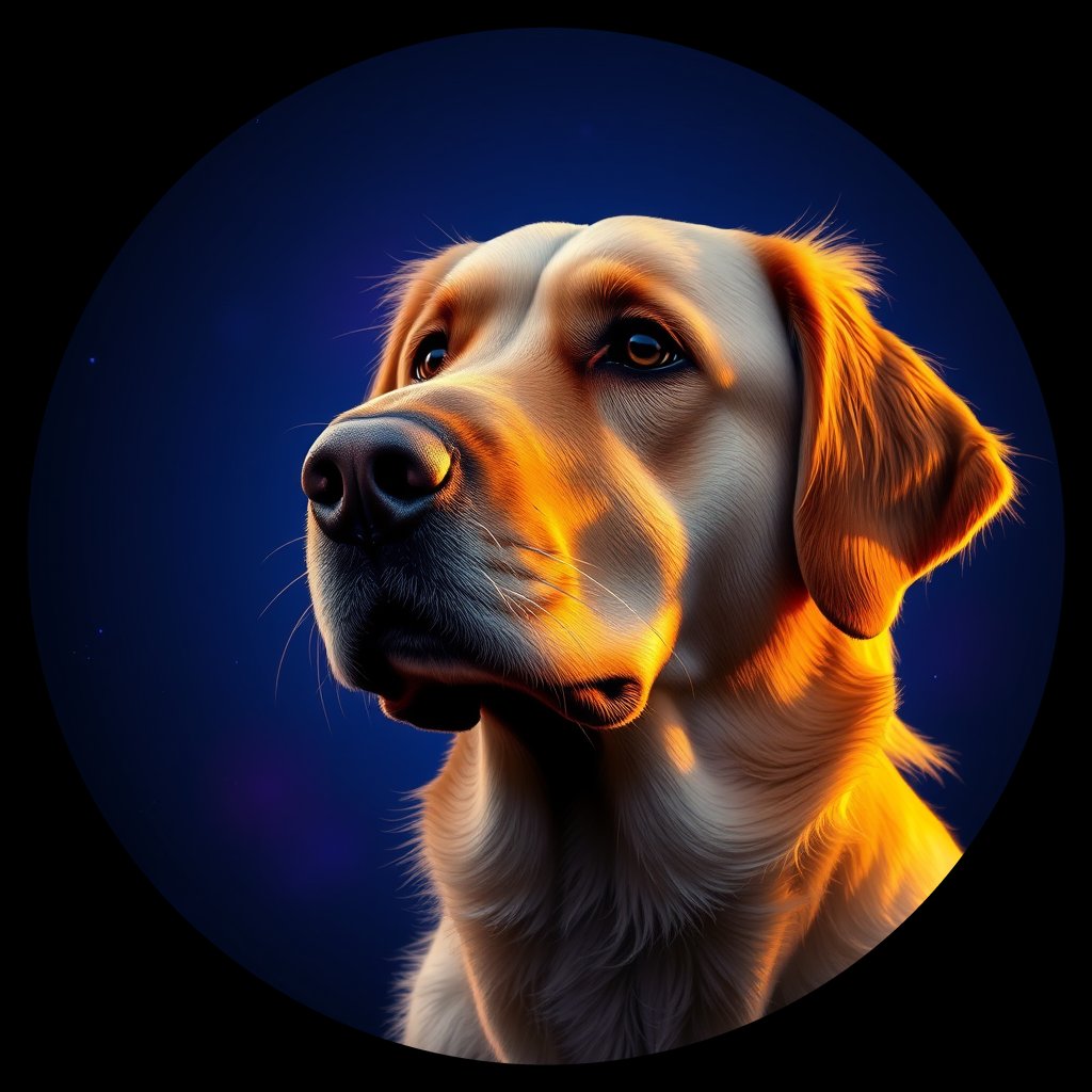 Cosmic medallion portrait of PILOT_grls0D3MFXFF, a Golden Retriever
