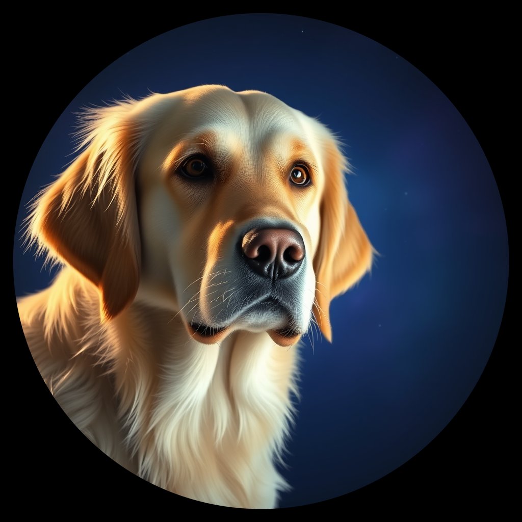 Cosmic medallion portrait of PILOT_grls0SITE9YY, a Golden Retriever