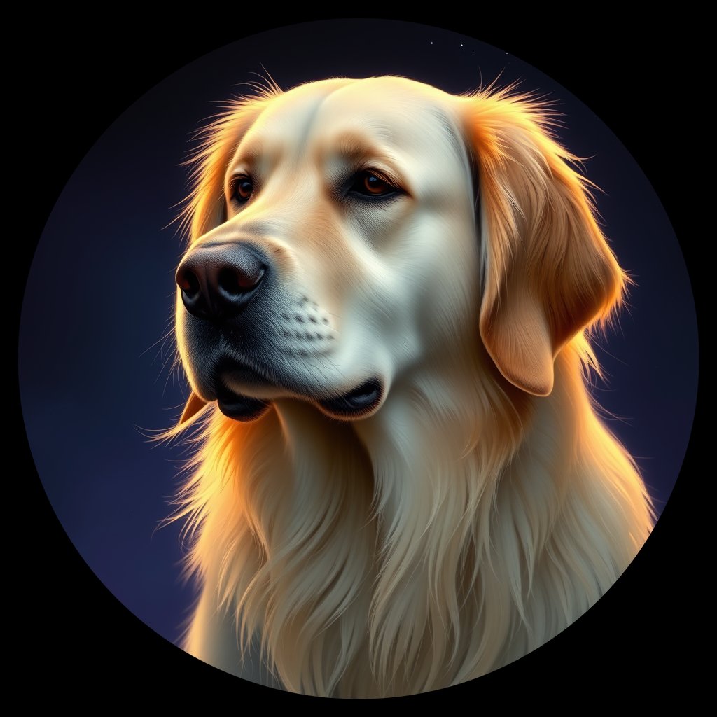 Cosmic medallion portrait of PILOT_grls18F2T1OO, a Golden Retriever