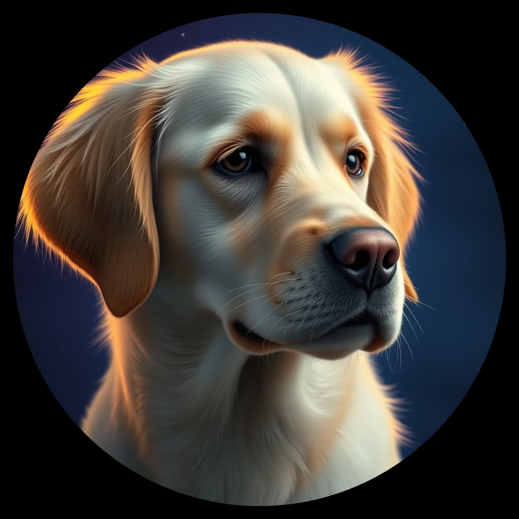 Cosmic medallion portrait of PILOT_grls1D4EMDQQ, a Golden Retriever