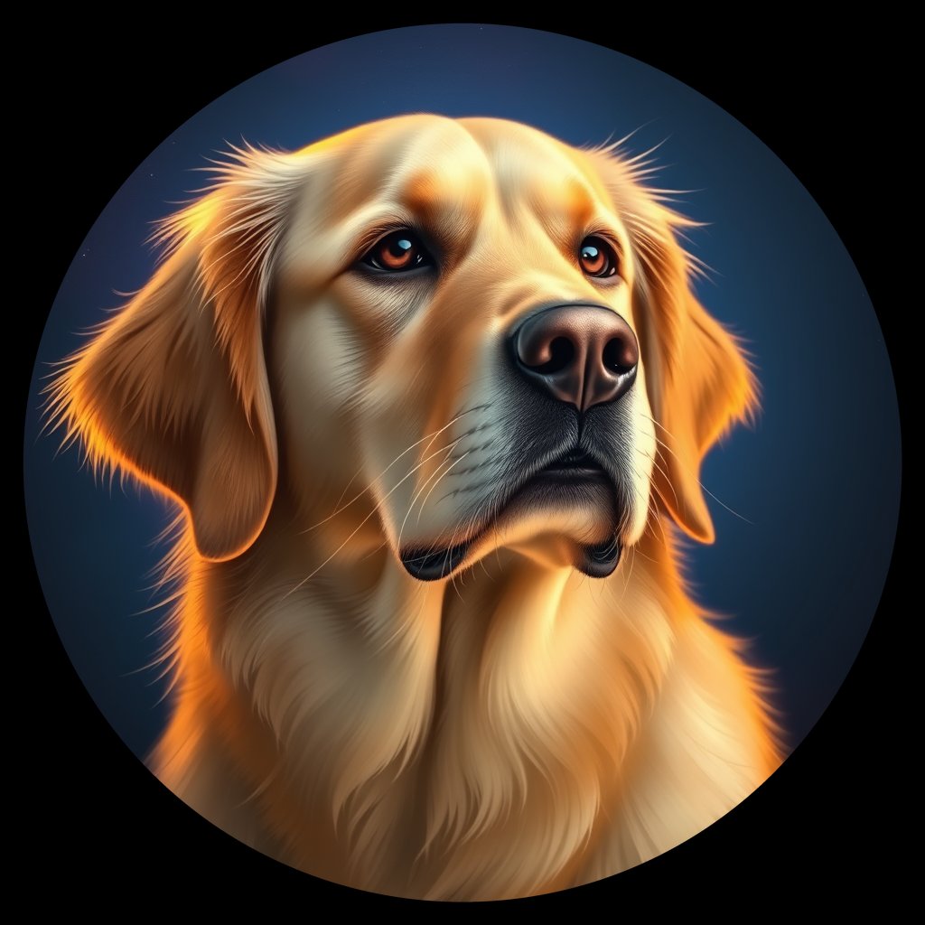 Cosmic medallion portrait of PILOT_grls2Q386M99, a Golden Retriever