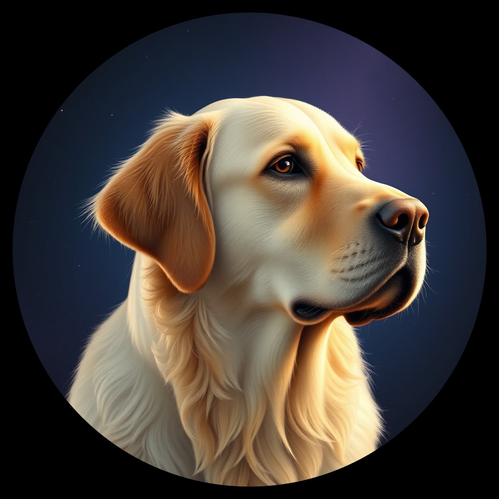 Cosmic medallion portrait of PILOT_grls2S3J1K66, a Golden Retriever