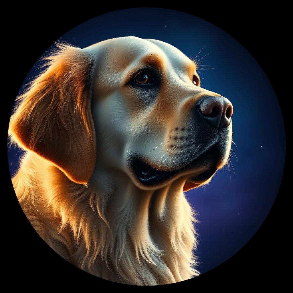 Cosmic medallion portrait of PILOT_grls2XGEZCC, a Golden Retriever
