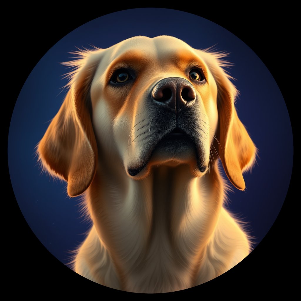 Cosmic medallion portrait of PILOT_grls4DM9Y9XX, a Golden Retriever