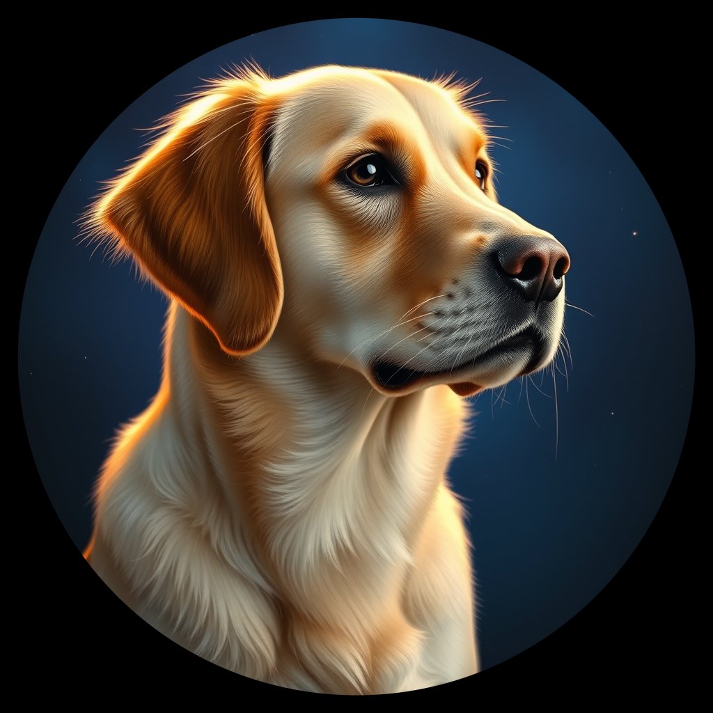 Cosmic medallion portrait of PILOT_grls4RG88OII, a Golden Retriever