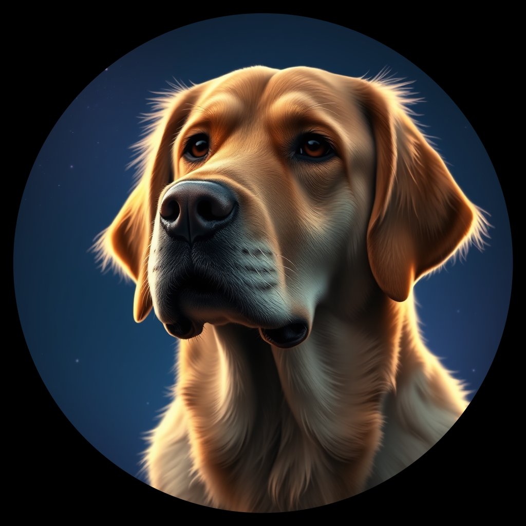 Cosmic medallion portrait of PILOT_grls4XBHFRDD, a Golden Retriever