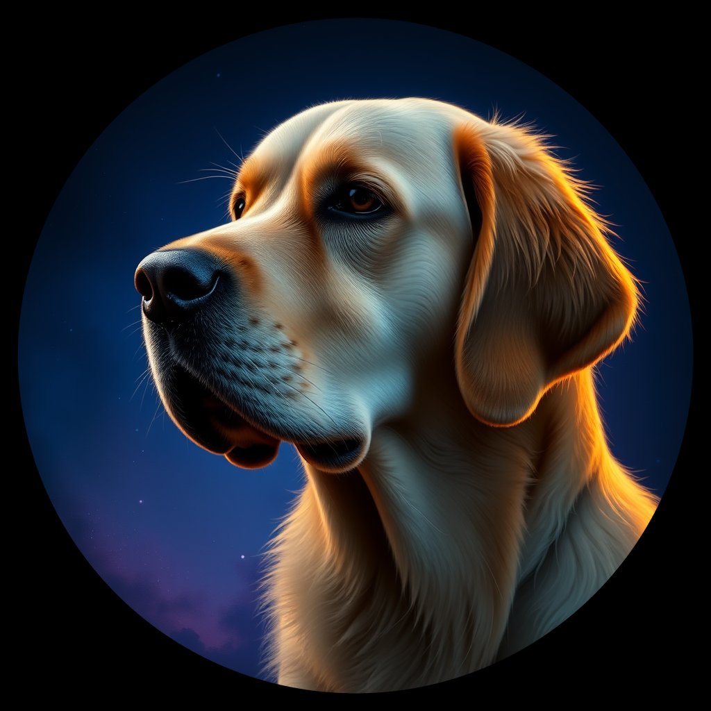 Cosmic medallion portrait of PILOT_grls680CAS33, a Golden Retriever